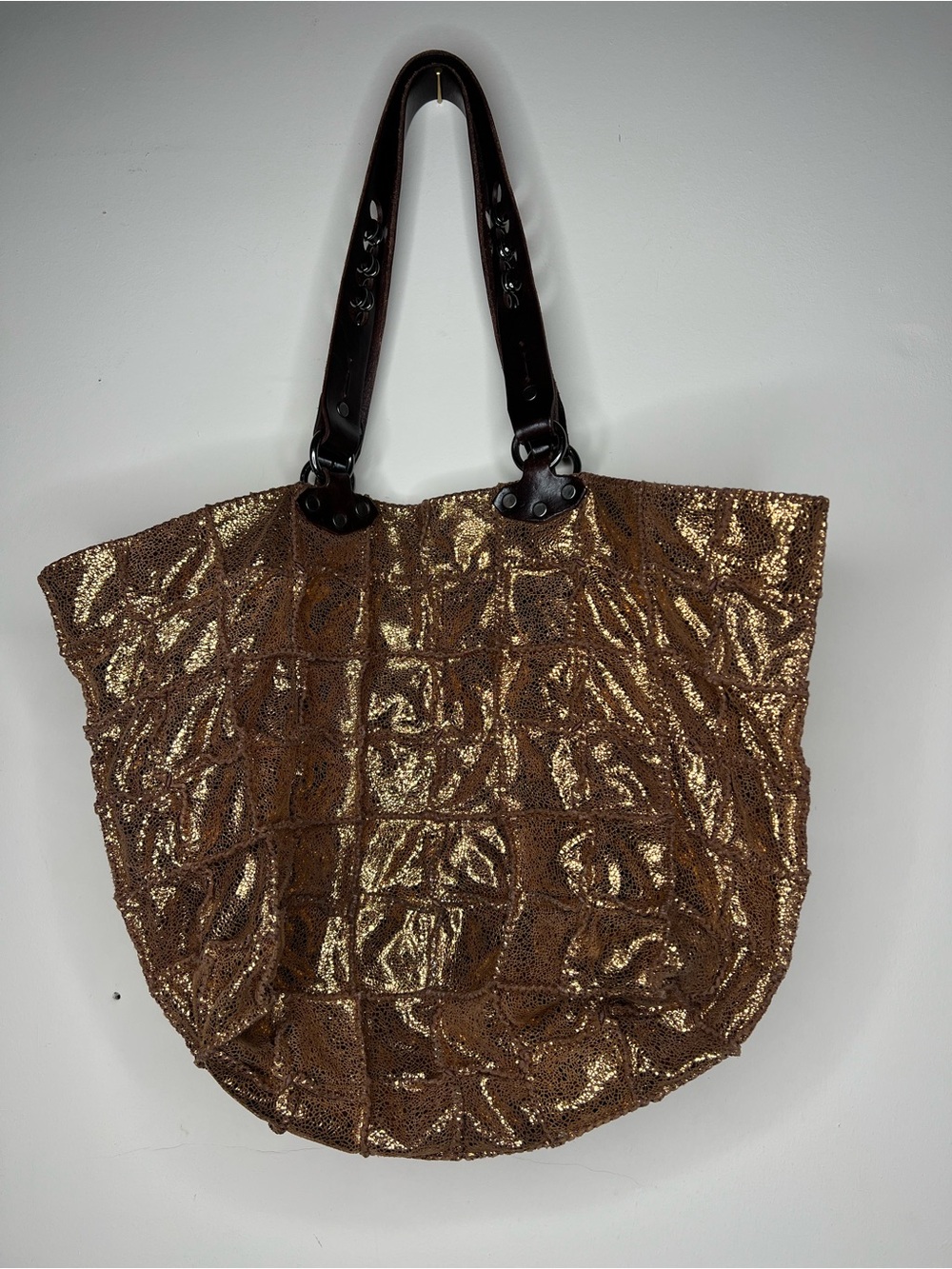 Metallic Bronze Shoulder Tote with Dark Brown Handles